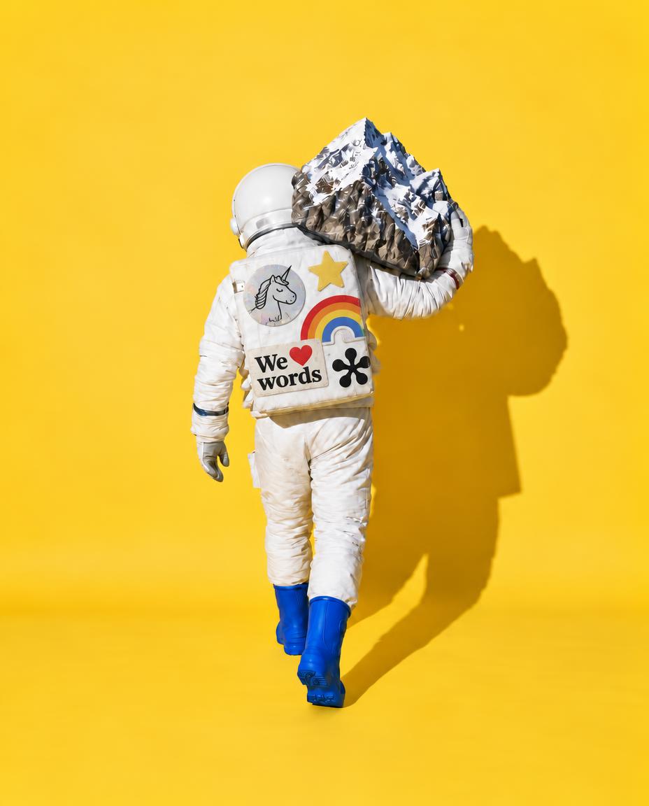 An astronaut covered in stickers carrying a snowy mountain on one shoulder