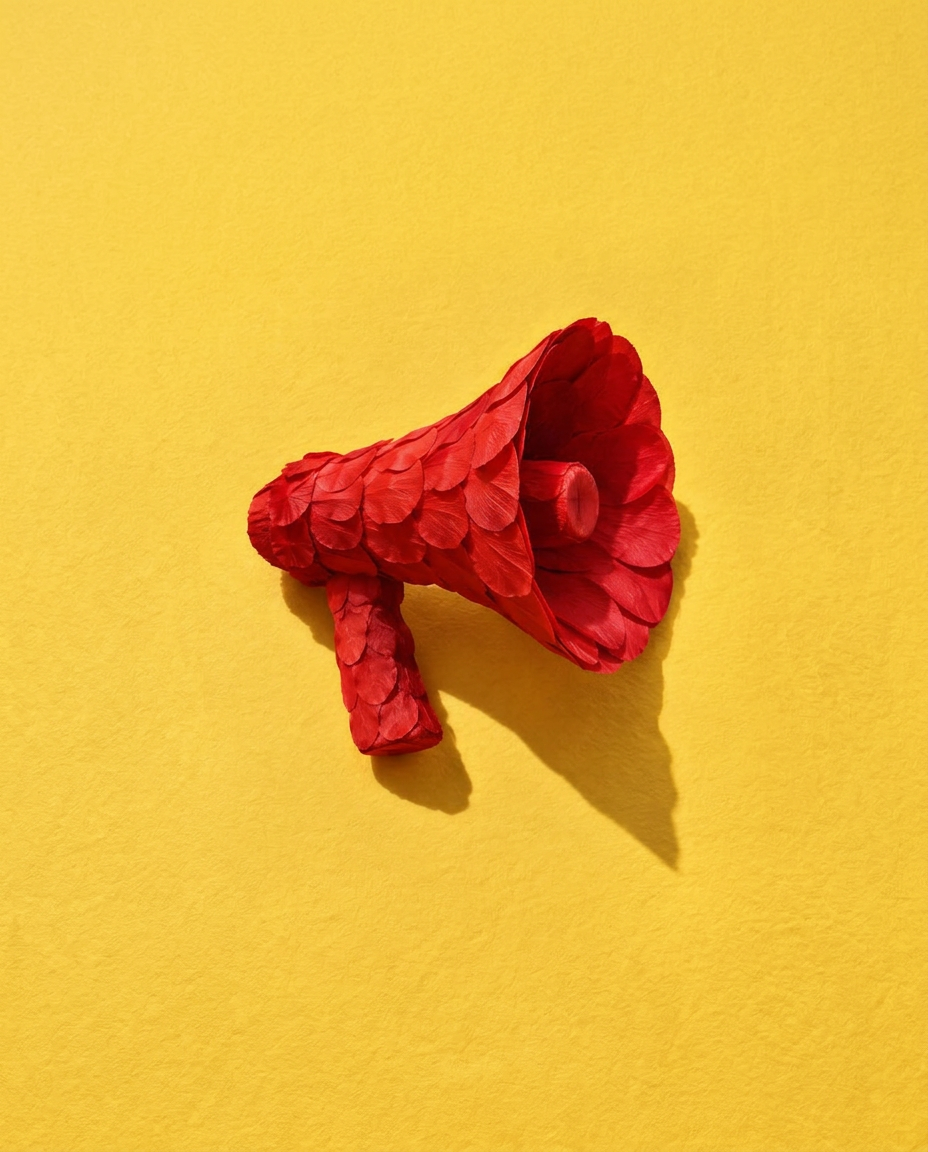 A megaphone built from folded red paper petals on a butter yellow backdrop